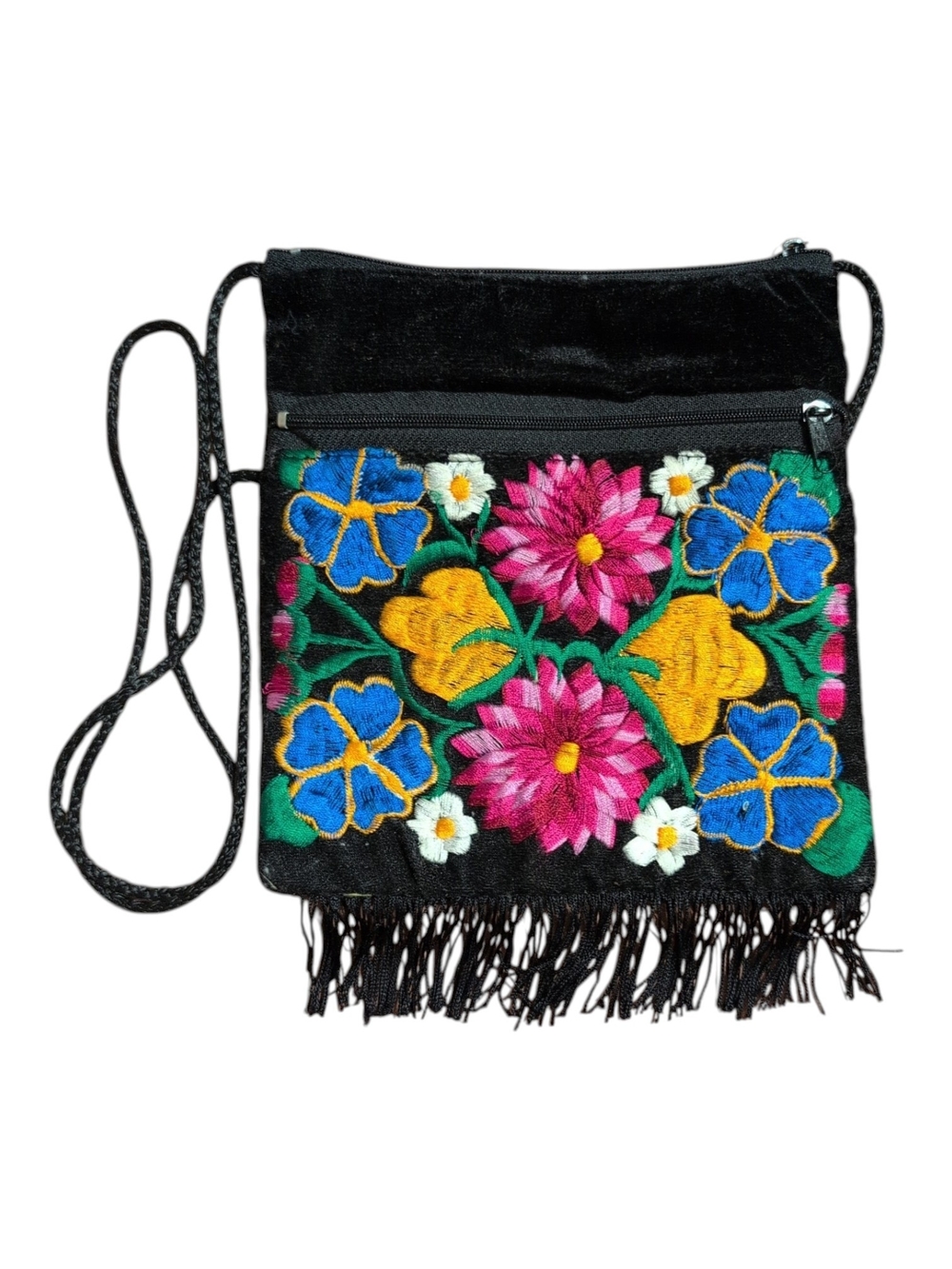 Black Floral Embroidered Fringe Crossbody Bag - Picture 1 of 5